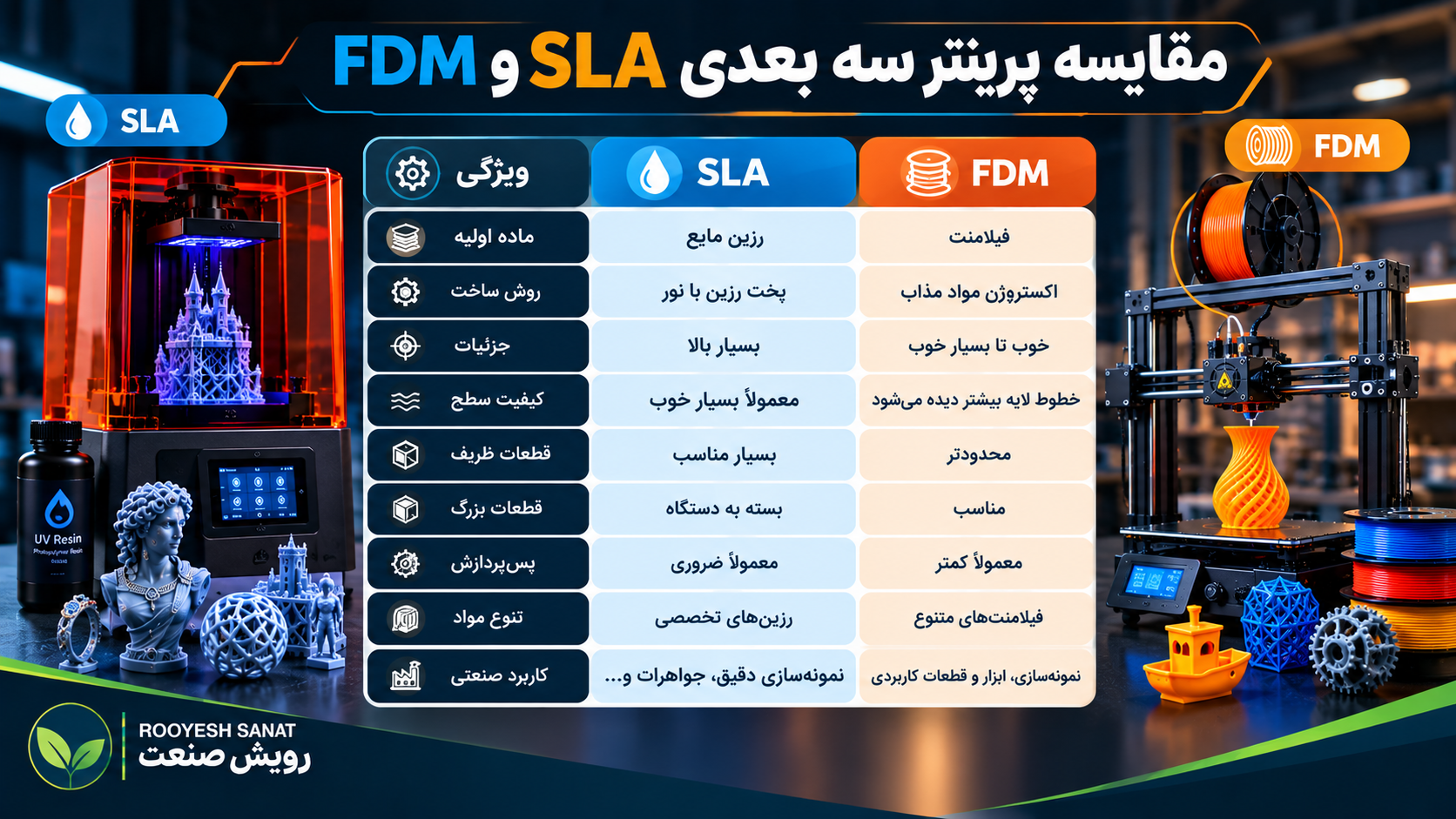 مقایسه پرینتر سه بعدی sla , fdm