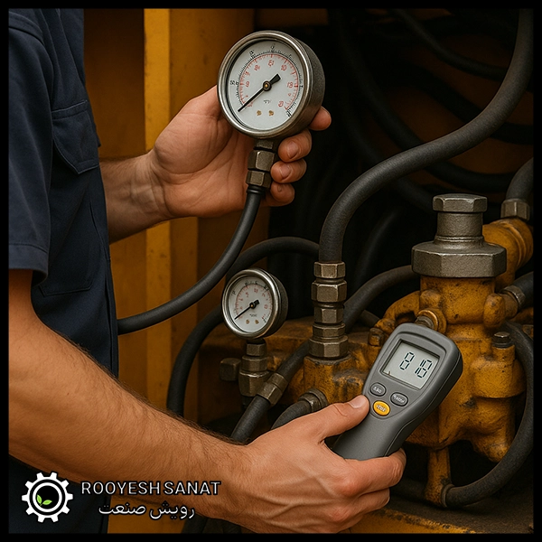 تعمیرکار در حال عیب‌یابی سیستم هیدرولیک با استفاده از گیج فشار و دماسنج دیجیتال روی پمپ زرد صنعتی در محیط کارگاهی