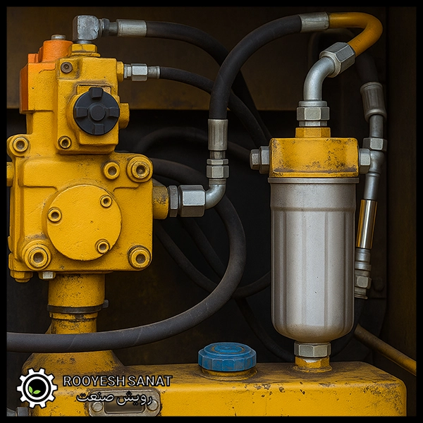 نمای نزدیک از اجزای اصلی سیستم هیدرولیک شامل پمپ، فیلتر و اتصالات فلزی در محیط صنعتی تمیز