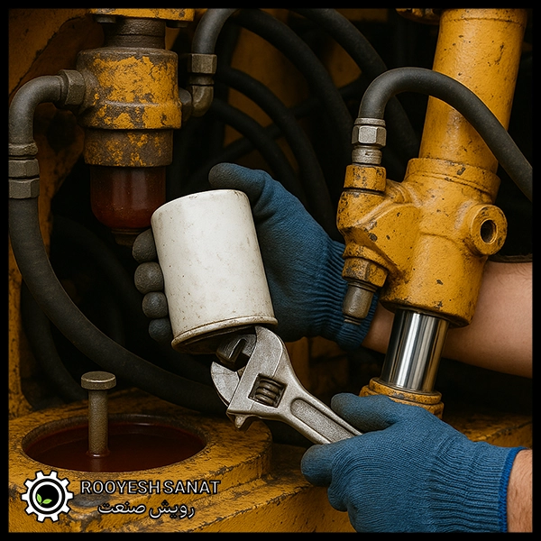 تکنسین در حال تعویض فیلتر روغن سیستم هیدرولیک صنعتی با آچار و دستکش در محیط کارگاهی تمیز