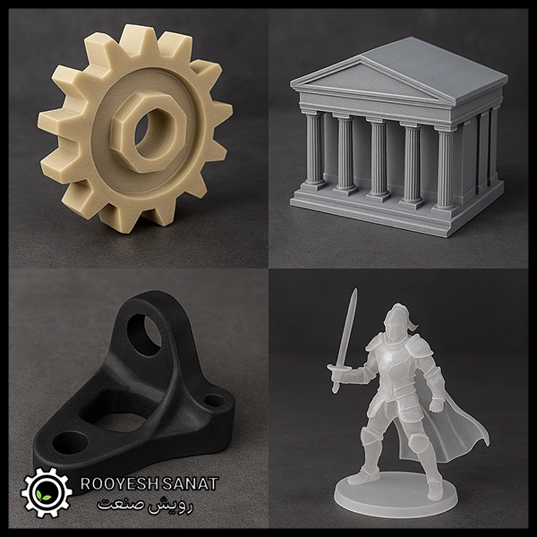 چهار نمونه قطعه پرینت سه‌بعدی شامل قطعه مکانیکی FDM، ماکت معماری SLS، قطعه صنعتی نایلونی SLS و فیگور رزینی SLA برای مقایسه تکنولوژی‌های مختلف چاپ سه‌بعدی