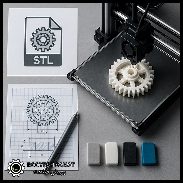 مراحل ثبت سفارش پرینت سه‌بعدی شامل فایل STL، نقشه فنی، متریال‌ها و چاپ یک چرخ‌دنده روی پرینتر سه‌بعدی