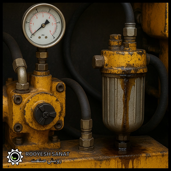 نمای نزدیک از پمپ و فیلتر سیستم هیدرولیک صنعتی با نشتی روغن، فشار پایین و علائم زنگ‌زدگی و فرسودگی قطعات