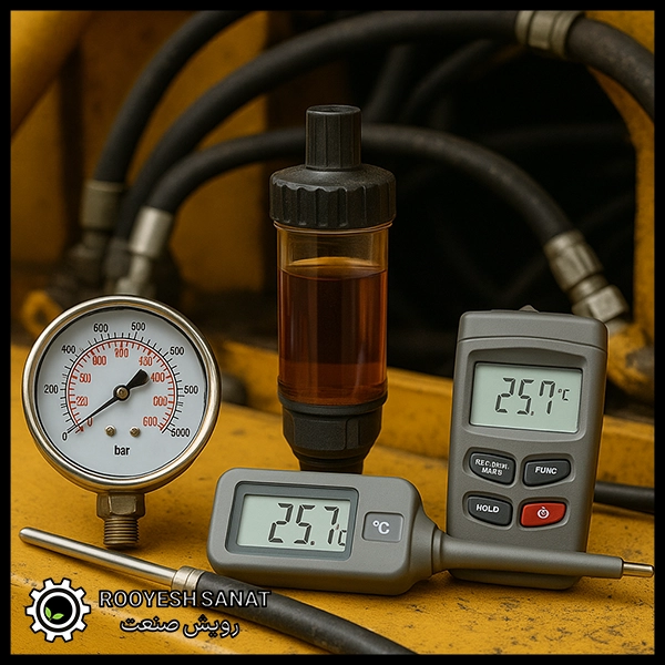 ابزارهای تخصصی عیب‌یابی سیستم هیدرولیک شامل گیج فشار، آنالایزر روغن و ترمومتر دیجیتال روی میز کار صنعتی