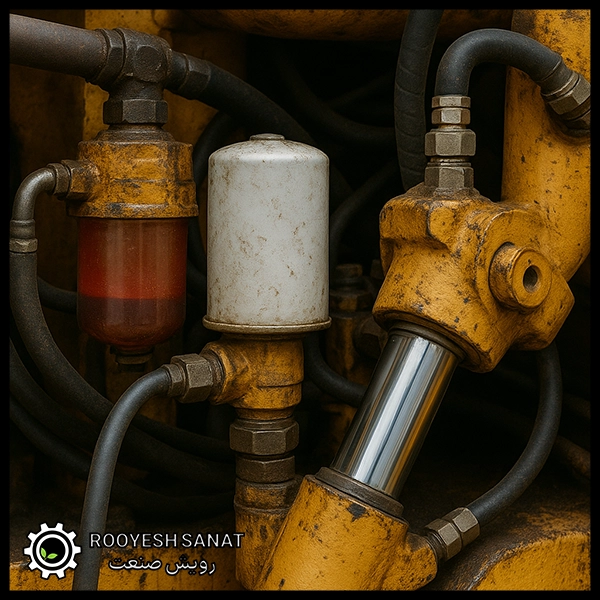 نمای نزدیک از قطعات فرسوده سیستم هیدرولیک شامل فیلتر روغن کثیف، سیلندر زرد و شیلنگ‌های دارای نشتی در محیط صنعتی